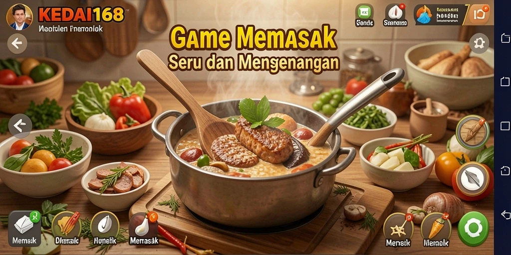 Tampilan antarmuka KEDAI168 dengan fitur memasak yang interaktif.