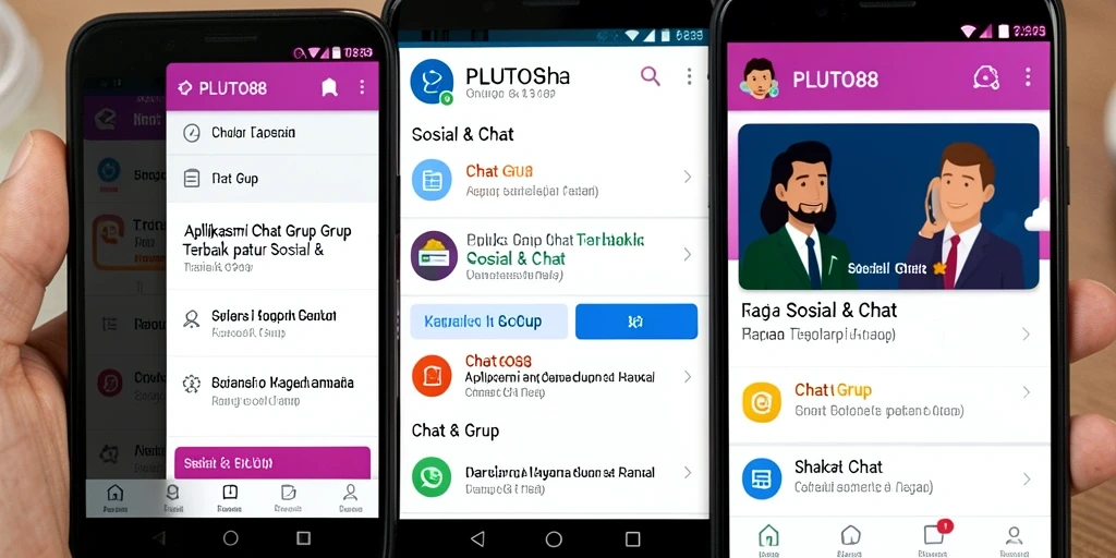 Antarmuka aplikasi PLUTO88 yang menampilkan fungsi Chat Grup yang jelas dan user-friendly.