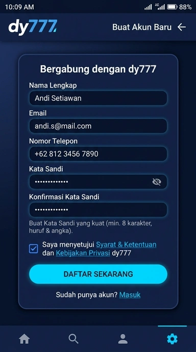 Tampilan halaman daftar dy777
